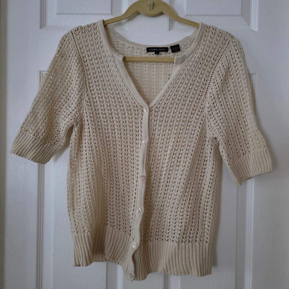 Jeanne Pierre Cream Open-knit Short-sleeve Button Front Cardigan size Large